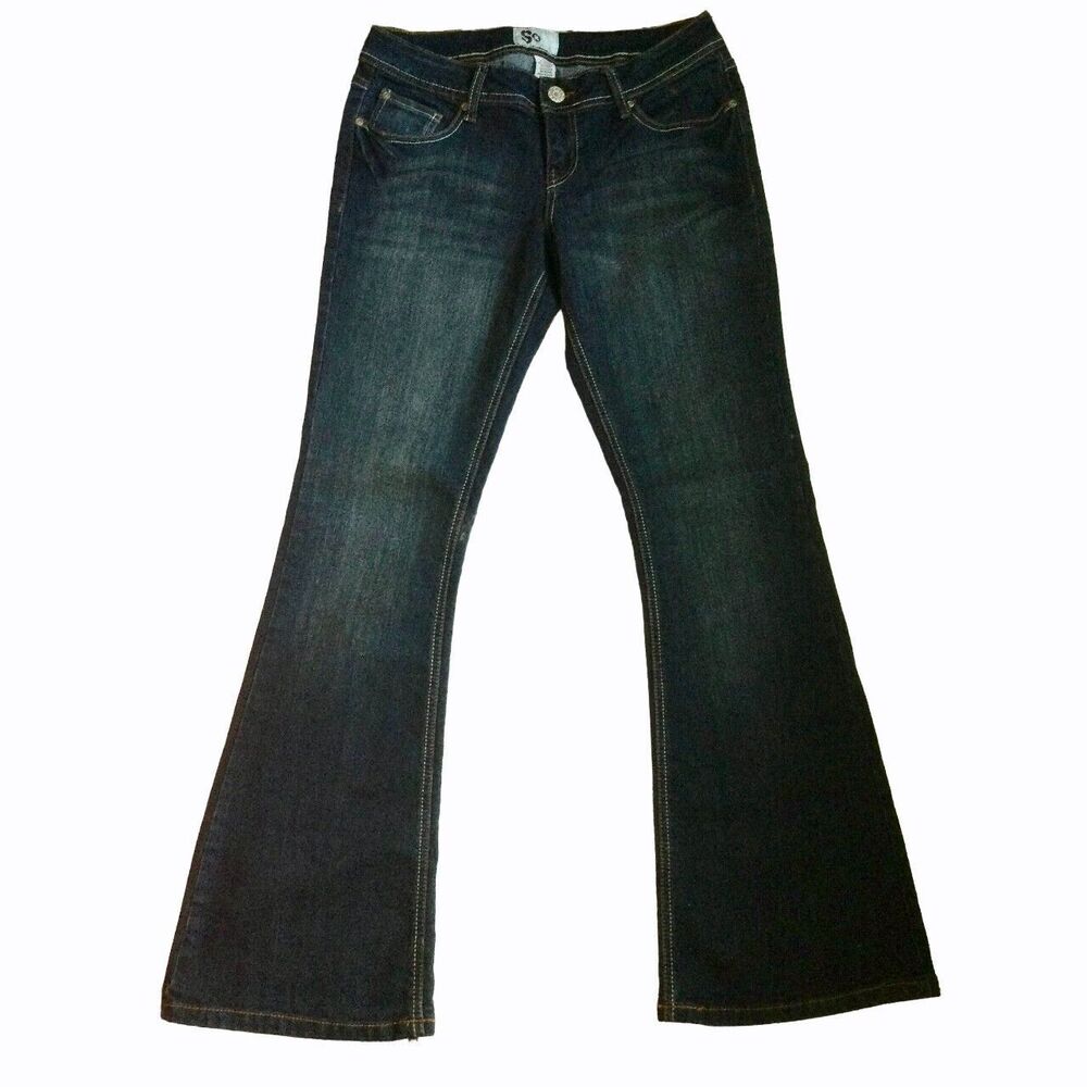 SO Womens Jeans Size 11 Juniors Blue Flare Mid Rise Dark Wash 30in Waist